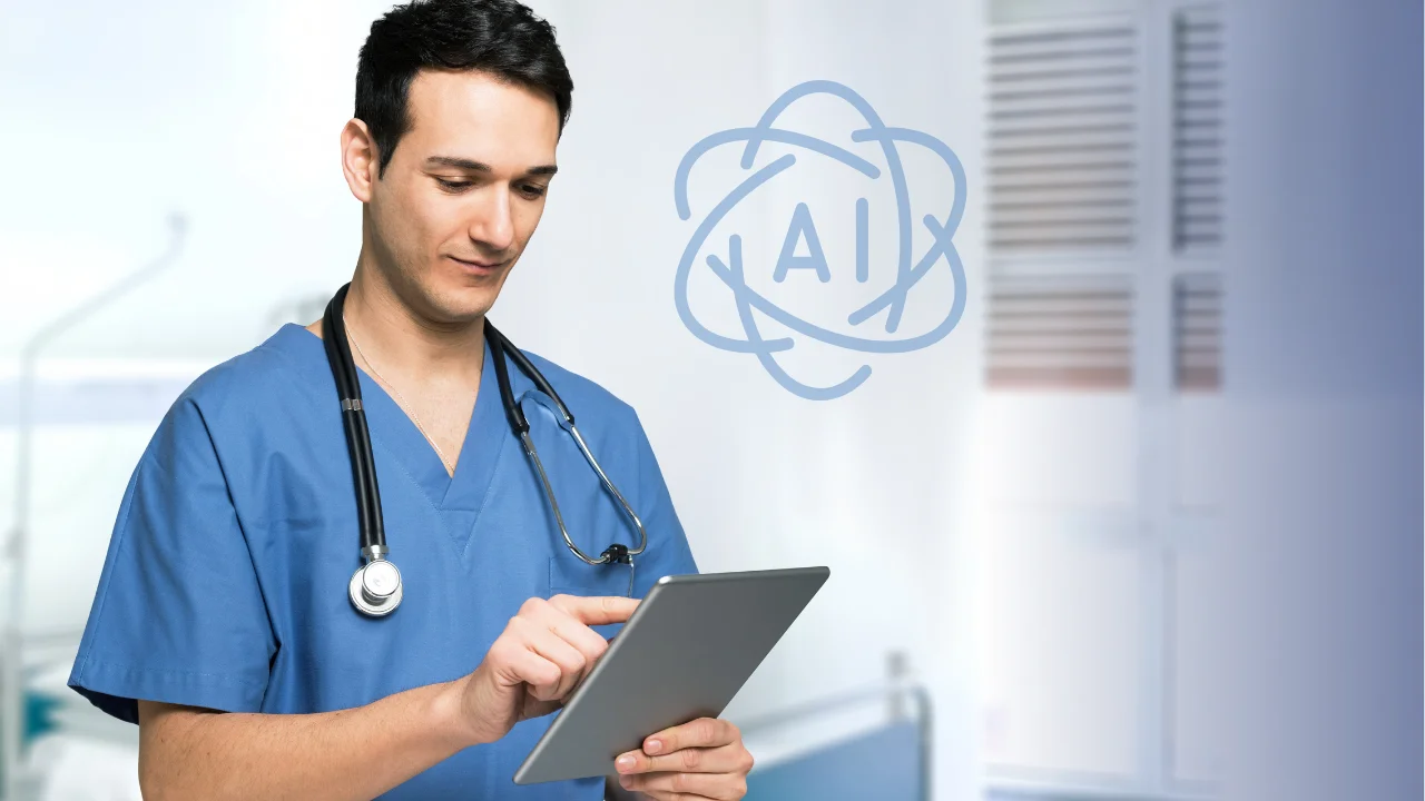 Médico utilizando una tableta con una interfaz de inteligencia artificial.