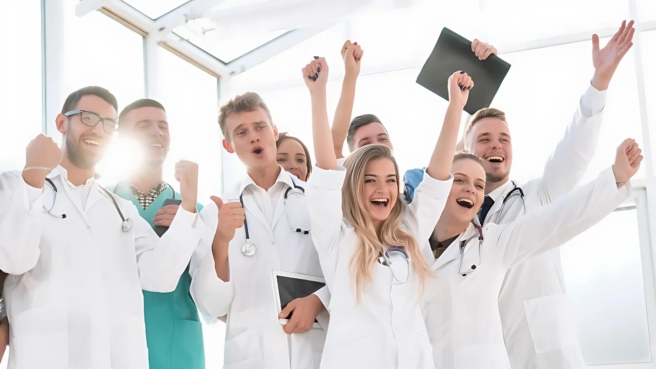 Tendencias del sector salud: Profesionales de la salud celebrando un logro en un hospital moderno.